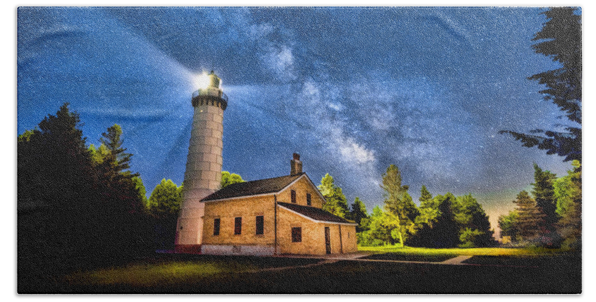 Door County Hand Towel featuring the painting Cana Island Lighthouse Milky Way in Door County Wisconsin by Christopher Arndt