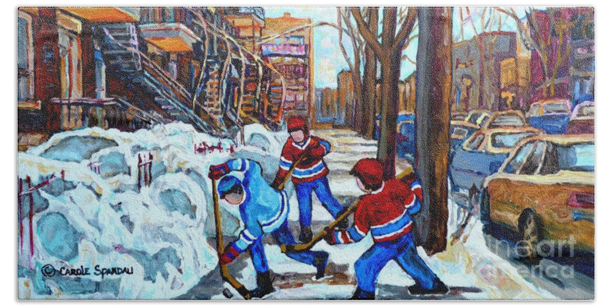Montreal Bath Towel featuring the painting Canadian Art Street Hockey Game Verdun Montreal Memories Winter City Scene Paintings Carole Spandau by Carole Spandau