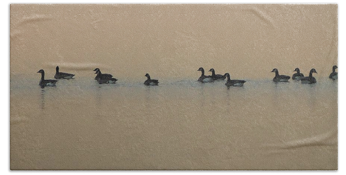 Canadian Geese Bath Towel featuring the photograph Canadian Geese at Sunset by Kathleen Voort