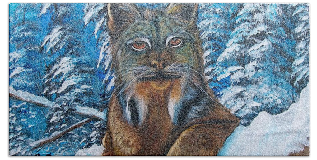 Orange Hand Towel featuring the painting Canadian Lynx by Sharon Duguay