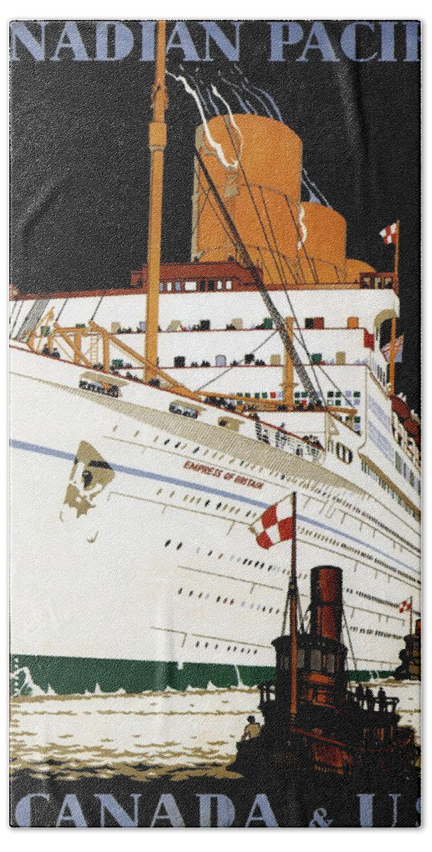 Canadian Pacific Bath Towel featuring the mixed media Canadian Pacific to Canada and USA - Empress of Britain - Retro travel Poster - Vintage Poster by Studio Grafiikka