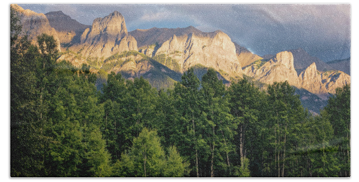 Joan Carroll Bath Towel featuring the photograph Canadian Rockies in Canmore Alberta by Joan Carroll