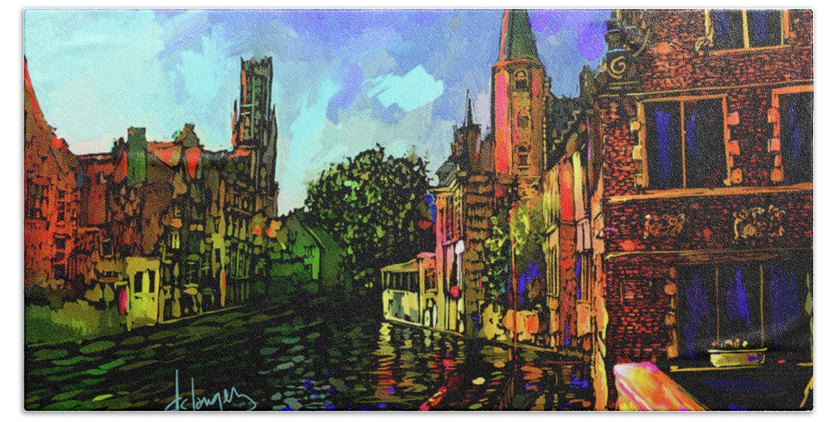 Landscape Hand Towel featuring the painting Canal in Bruges by DC Langer