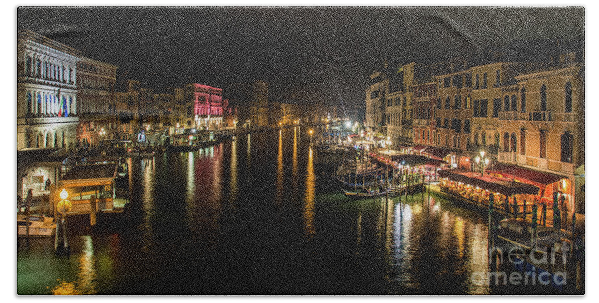 Boat Bath Towel featuring the photograph Canal in venice by night, in Italy, view from the Rialto bridge by Amanda Mohler