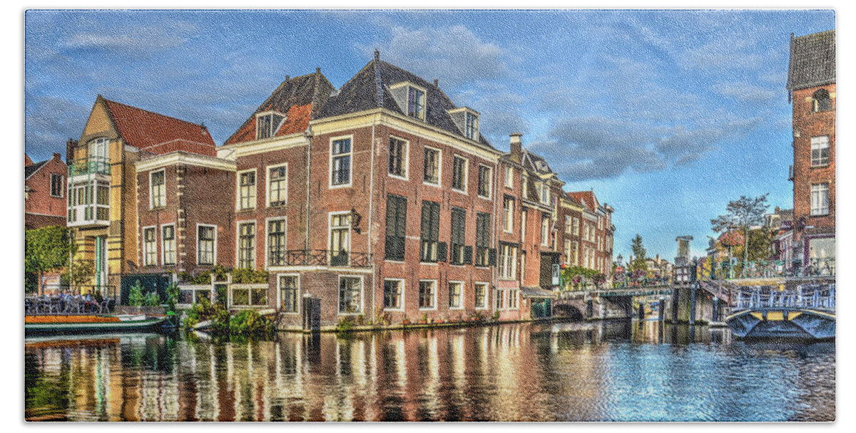 Canal Bath Towel featuring the photograph Canalside Living in Leiden by Frans Blok