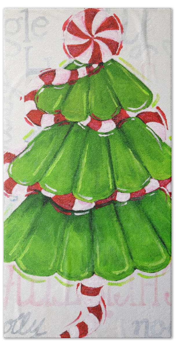 Christmas Candy Cane Red White Merry Christmas Holly Jingle Jolly Noel Merry Decoration Snow Cold Winter Elf Bath Towel featuring the painting Candy Christmas by Anne Seay
