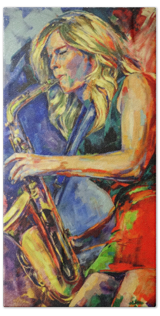  Hand Towel featuring the painting Candy Dulfer, Lily was here by Koro Arandia