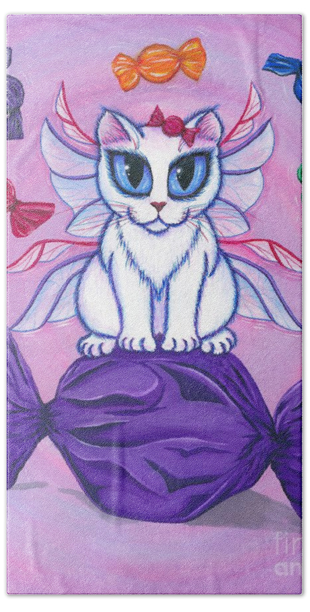 Fairy Cat Hand Towel featuring the painting Candy Fairy Cat, Hard Candy by Carrie Hawks