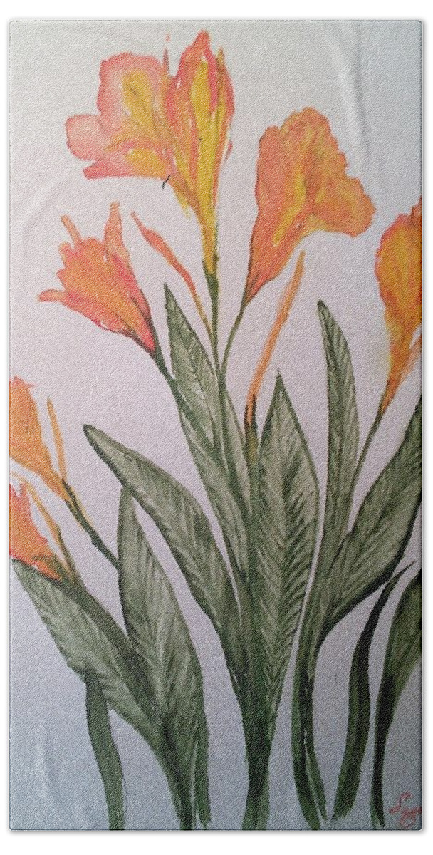  Canna Lillies Hand Towel featuring the painting Cannas by Susan Nielsen