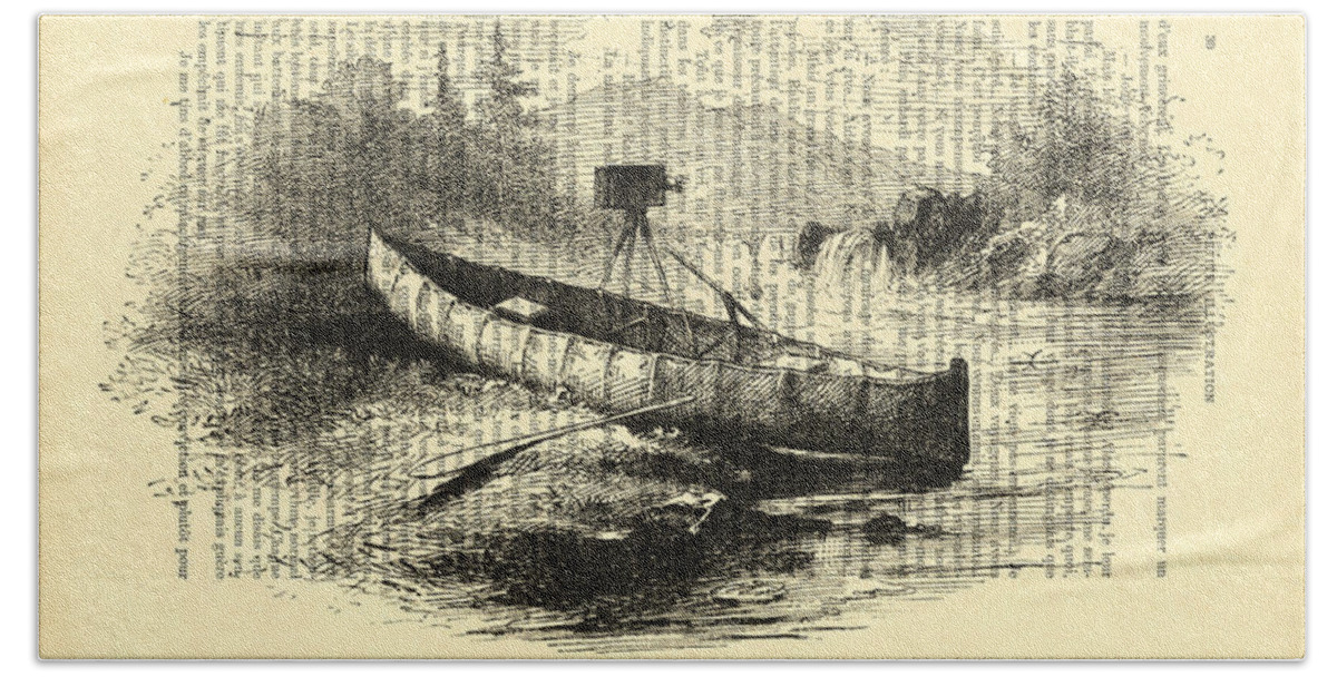 Canoe Hand Towel featuring the digital art Canoe with field camera in black and white antique illustration by Madame Memento
