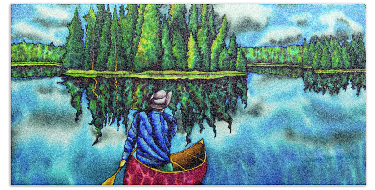 Jean-baptiste Design Hand Towel featuring the painting Canoeing Ontario by Daniel Jean-Baptiste