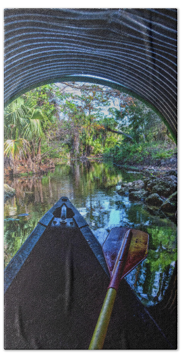 Boats Bath Towel featuring the photograph Canoeing Through the Tunnel by Debra and Dave Vanderlaan