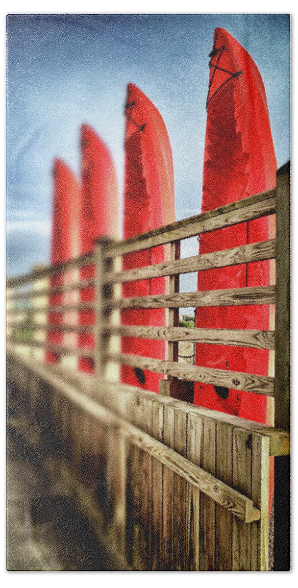 Fine Art Photography Hand Towel featuring the photograph Canoes and walkway, Surf City, North Carolina by John Pagliuca