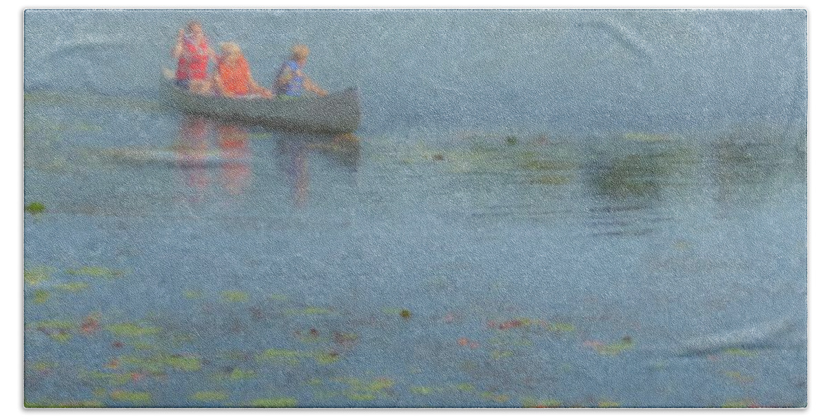Canoes Hand Towel featuring the painting Canoes on Shovelshop Pond by Bill McEntee