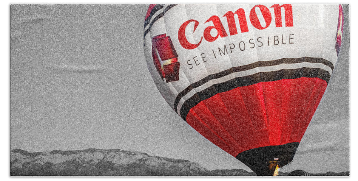 Albuquerque Bath Towel featuring the photograph Canon - See Impossible - Hot Air Balloon - Selective Color by Ron Pate