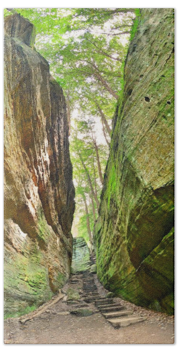 Cantwell Cliffs Trail Hocking Hills Ohio Hand Towel featuring the photograph Cantwell Cliffs Trail Hocking Hills Ohio by Lisa Wooten