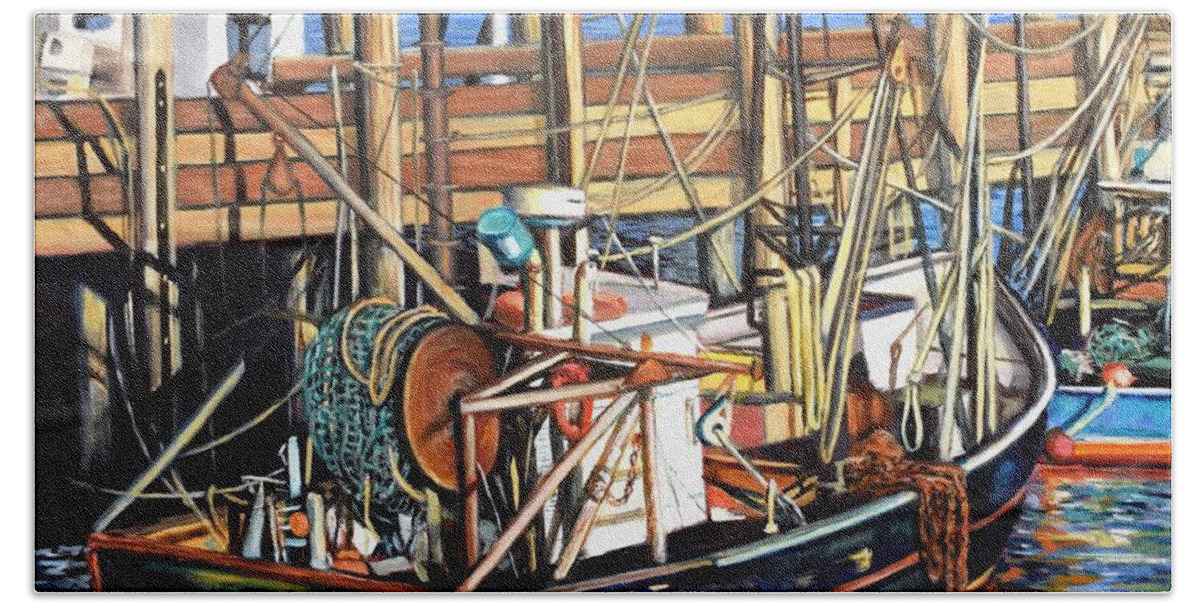 Fishing Bath Towel featuring the painting Cape Cod Fishing Boats by Eileen Patten Oliver