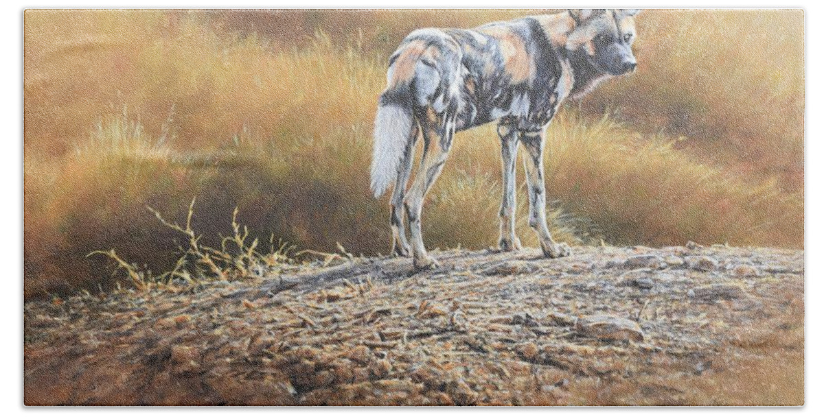 Wildlife Paintings Hand Towel featuring the painting Cape Hunting Dog by Alan M Hunt