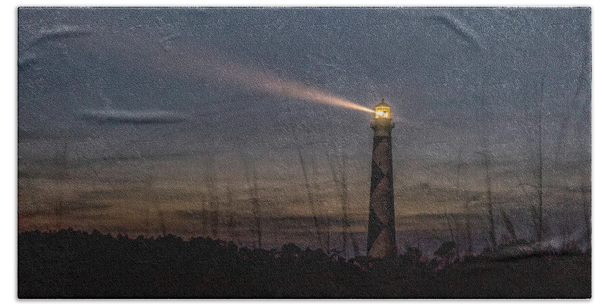 Cape Lookout Bath Towel featuring the photograph Cape Lookout Lighthouse at night. by WAZgriffin Digital