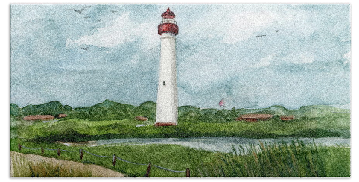 Cape May Lighthouse Hand Towel featuring the painting Cape May Lighthouse by Nancy Patterson