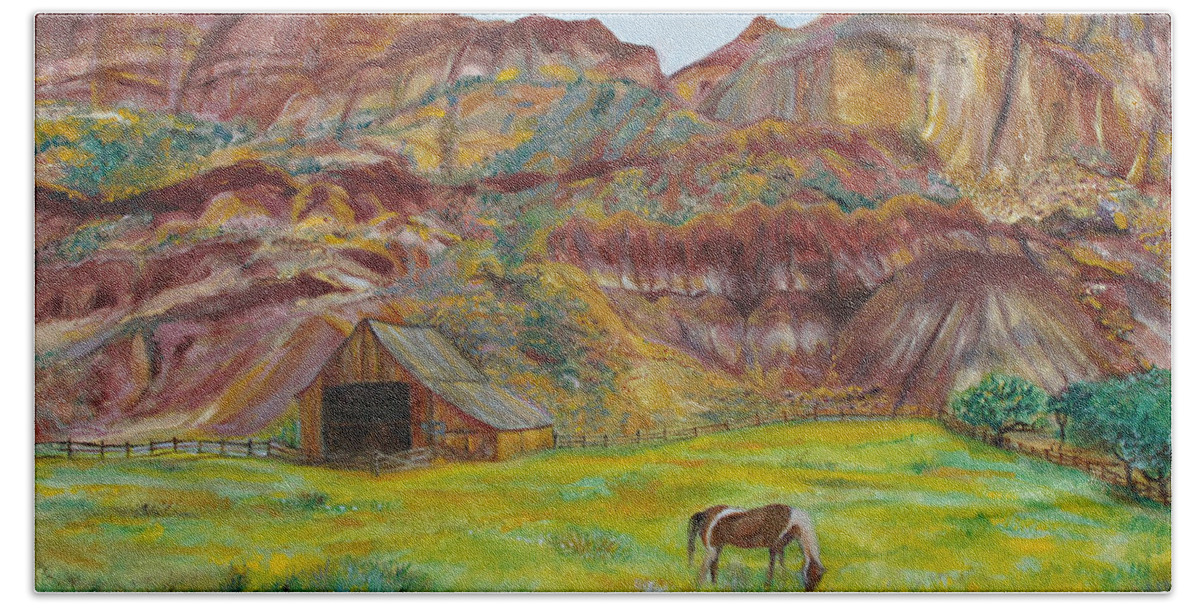 Mountains Out West Bath Towel featuring the painting Capital Reef Pasture by Kathy Knopp