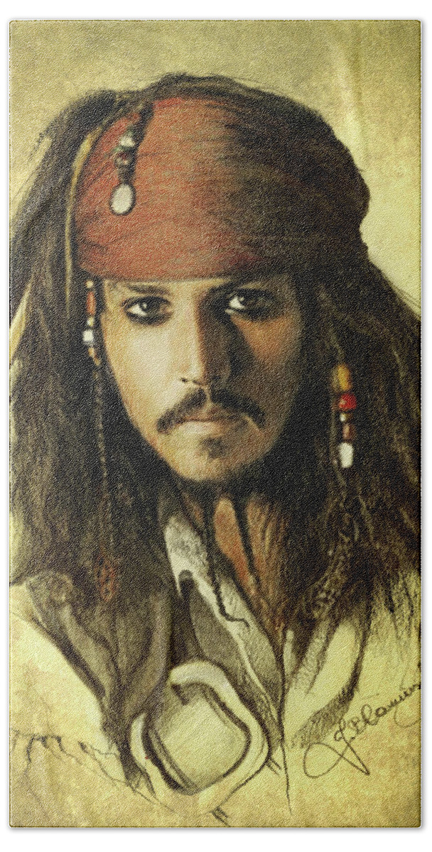 Face Bath Towel featuring the drawing Captain Jack Sparrow by Jaroslaw Blaminsky