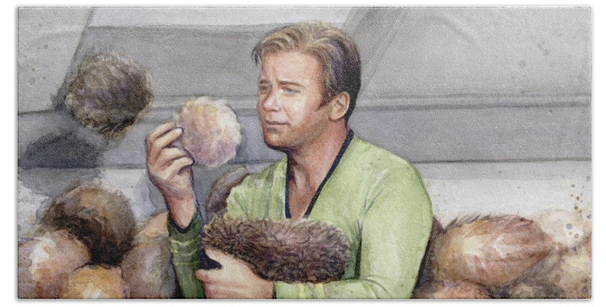 Star Trek Bath Sheet featuring the painting Captain Kirk and Tribbles by Olga Shvartsur