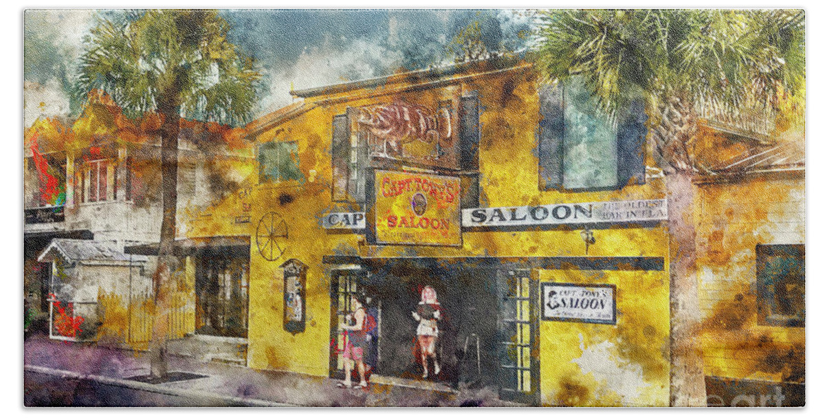Sloppy Joes Bath Towel featuring the painting Captain Tony's Saloon by Jon Neidert