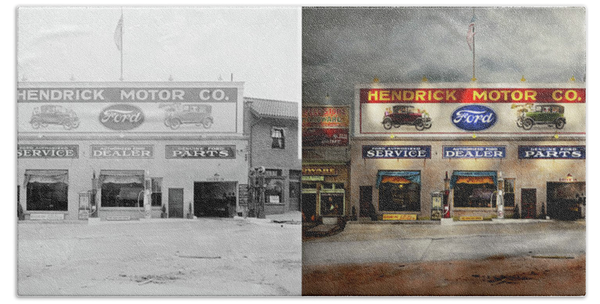 Hendrick Motor Bath Towel featuring the photograph Car - Garage - Hendricks Motor Co 1928 - Side by Side by Mike Savad