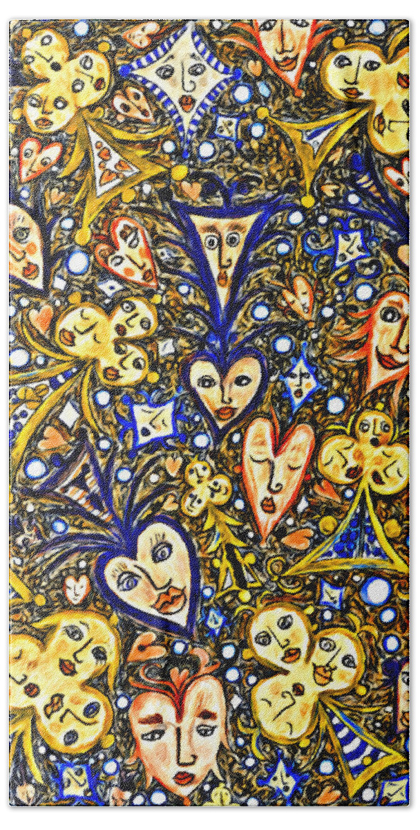 Lise Winne Bath Towel featuring the digital art Card Game Symbols Blue and Yellow by Lise Winne