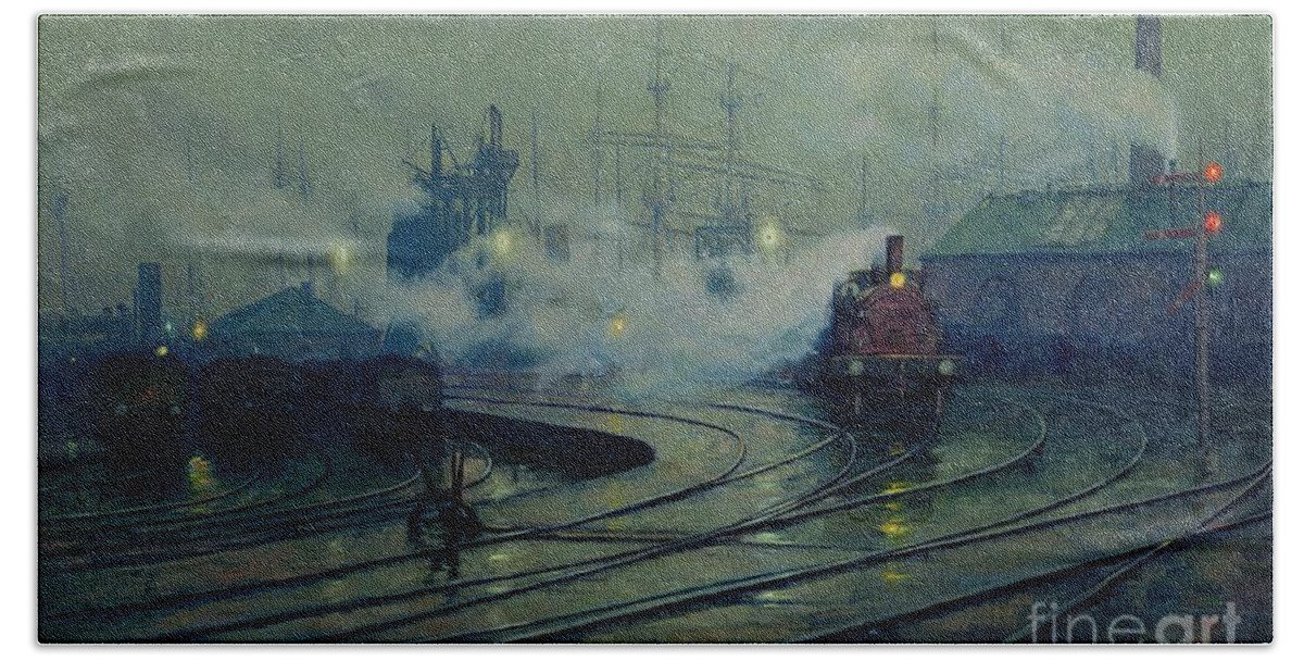 Cardiff Hand Towel featuring the painting Cardiff Docks by Lionel Walden by Lionel Walden