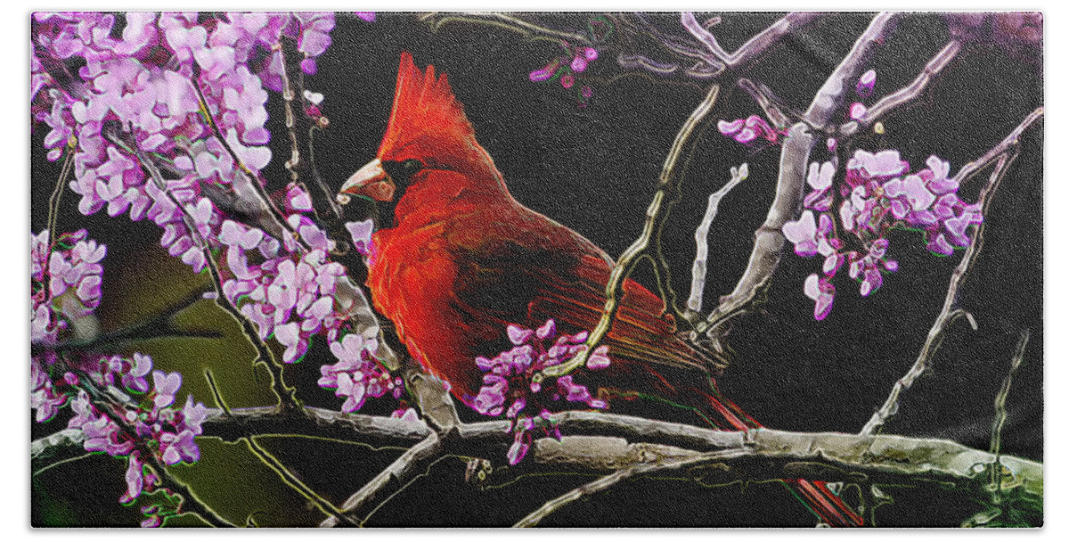 Cardinal Hand Towel featuring the photograph Cardinal in Bloom by Bill and Linda Tiepelman