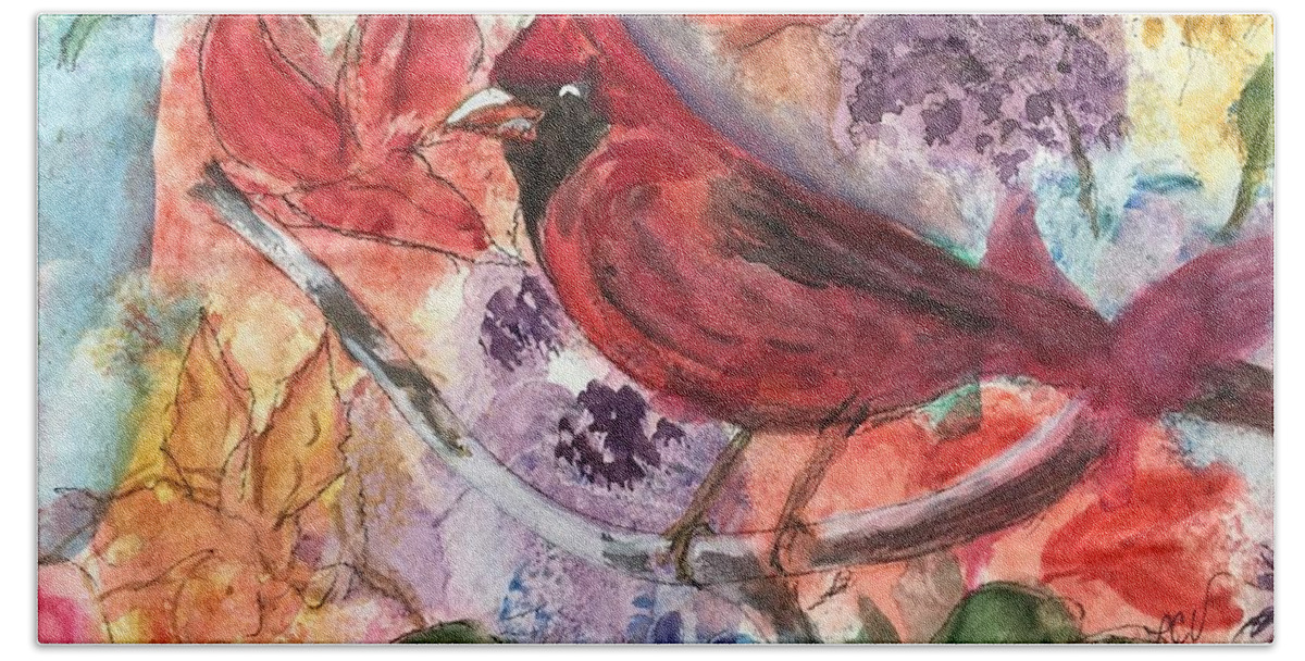 Bird Hand Towel featuring the painting Cardinal in Flowers by Lucille Valentino
