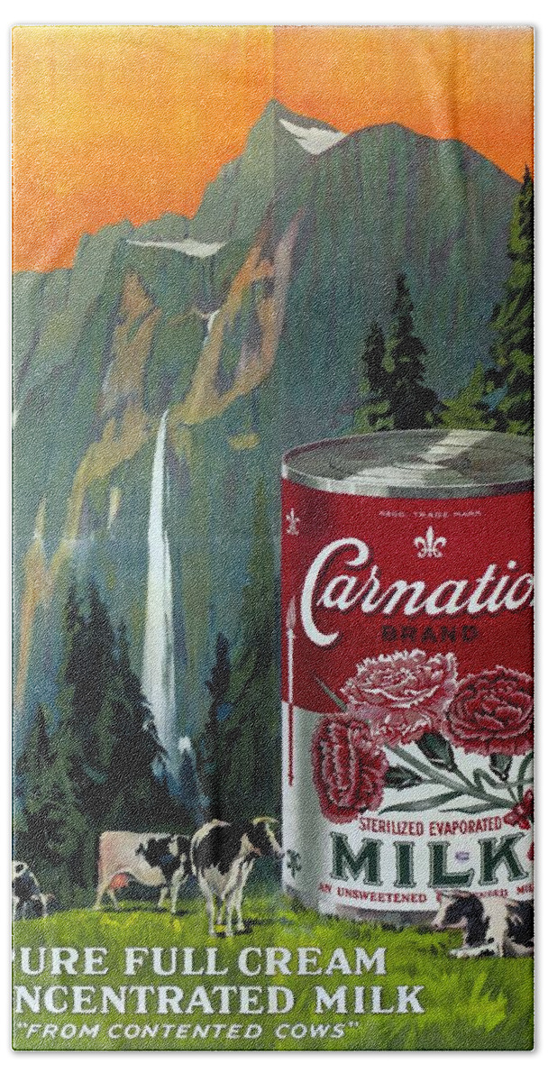 Carnation Brand Hand Towel featuring the mixed media Carnation Brand - Cream Concentrated Milk - Vintage Advertising Poster by Studio Grafiikka