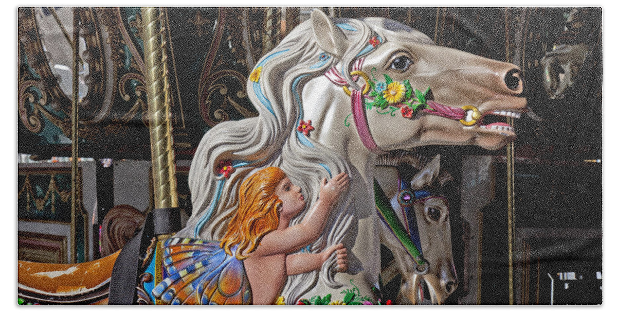 Carousel Hand Towel featuring the photograph Carousel horse and angel by Garry Gay