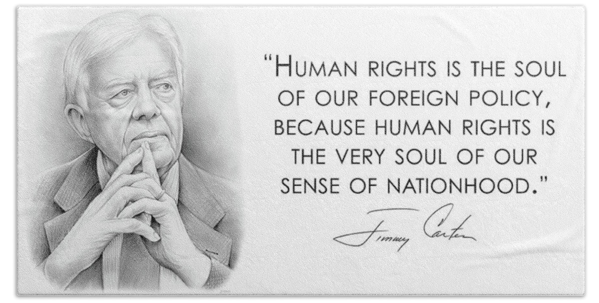 Jimmy Carter Hand Towel featuring the drawing Carter on Human Rights by Greg Joens
