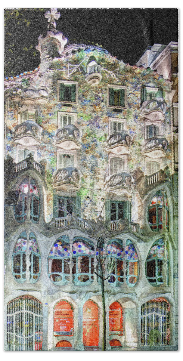 Casa Batllo Hand Towel featuring the photograph Casa Batllo at night - Gaudi by Weston Westmoreland