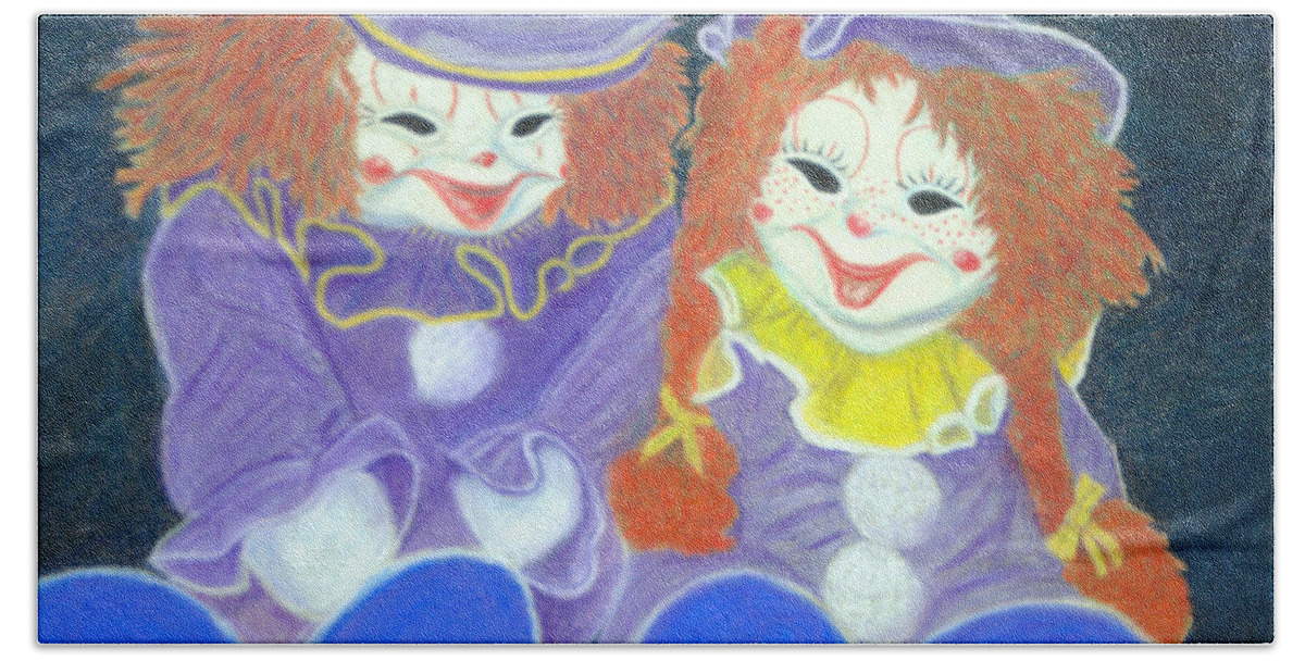 Clowns Bath Towel featuring the pastel Aunt Cassies Raggedy Ann and Andy Pastel by Antonia Citrino