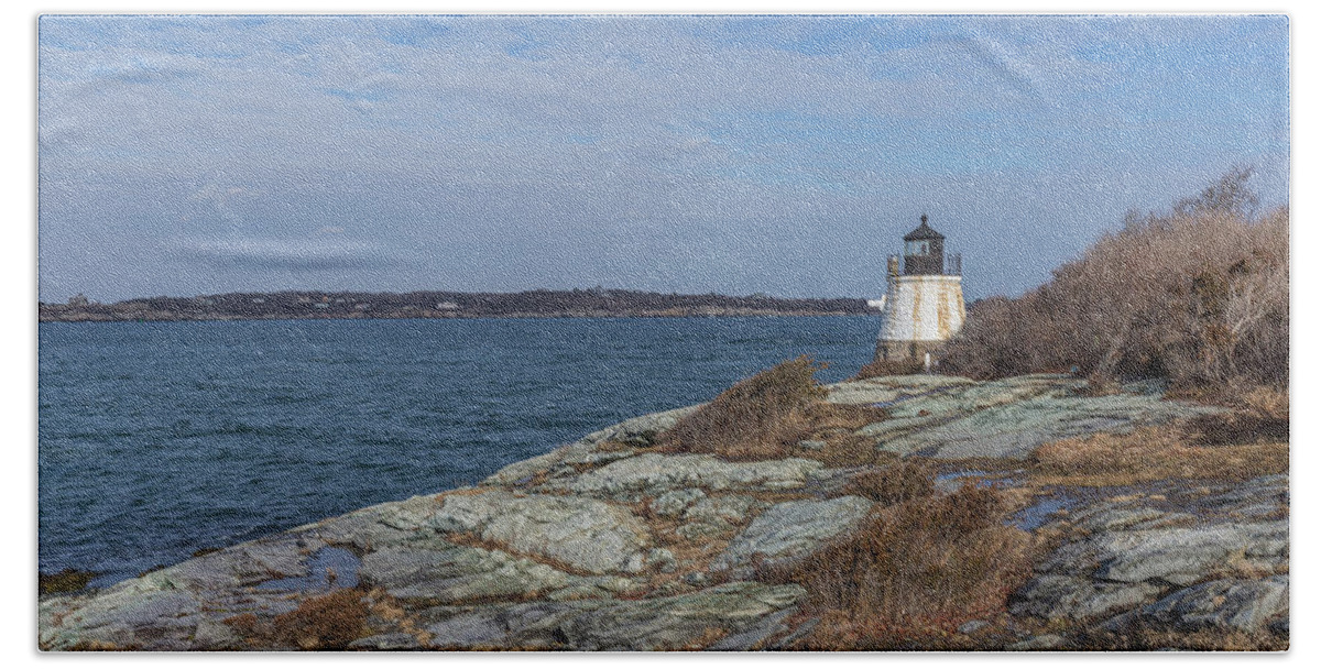 Castle Hill Lighthouse On Narragansett Bay Hand Towel featuring the photograph Castle Hill Lighthouse on Narragansett Bay by Brian MacLean