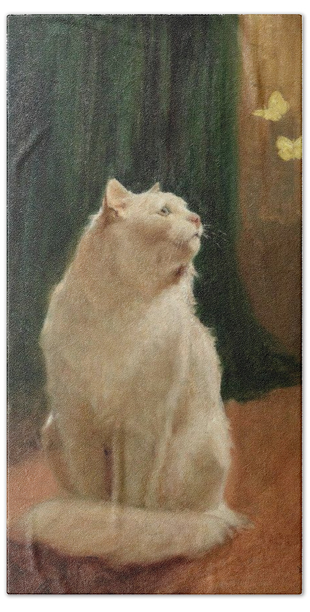 Arthur Heyer (1872-1931) Bath Towel featuring the painting Cat And Butterflies by Arthur Heyer