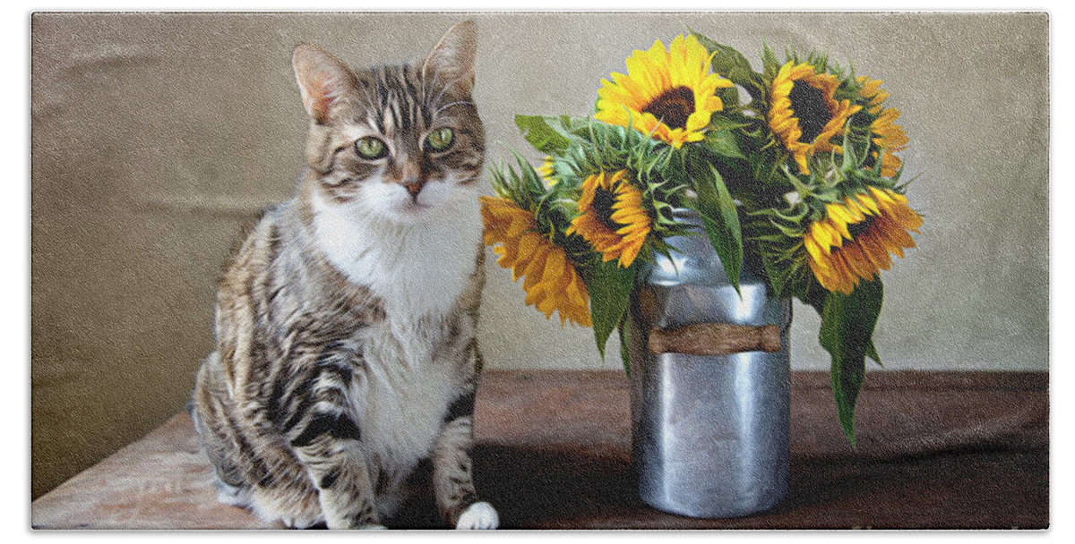 Cat Bath Sheet featuring the painting Cat and Sunflowers by Nailia Schwarz