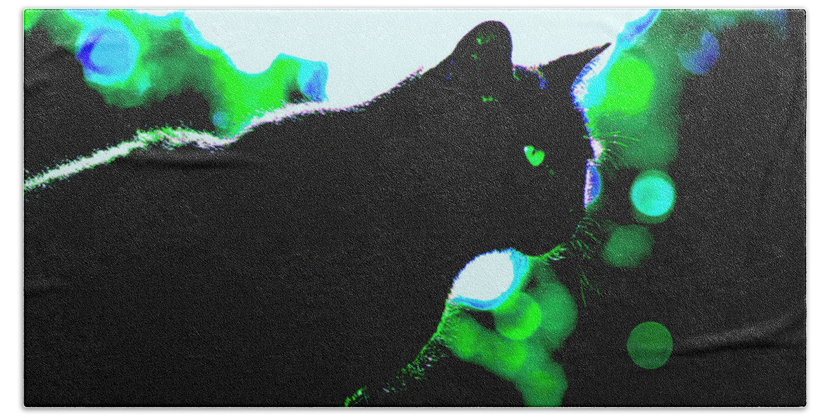 Cat Bath Towel featuring the photograph Cat Bathed in Green Light by Gina O'Brien