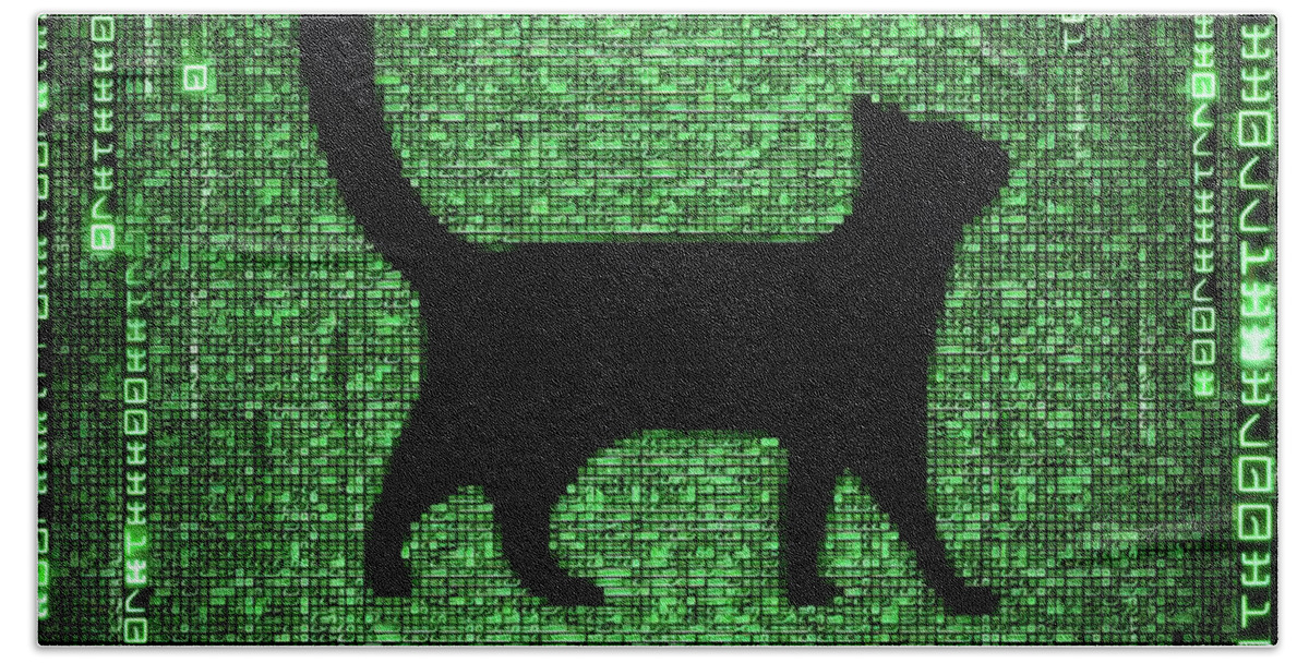 Cat Bath Towel featuring the digital art Cat in the Matrix black and green by Matthias Hauser