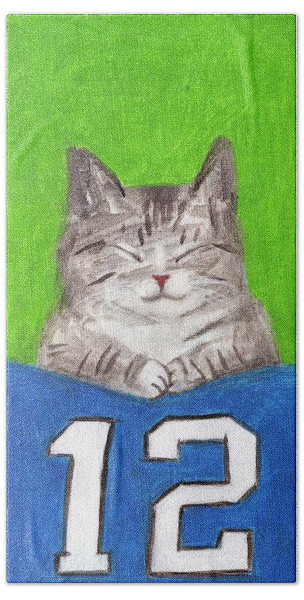 Cat With 12s Flag Hand Towel featuring the painting Cat with 12s Flag by Kazumi Whitemoon