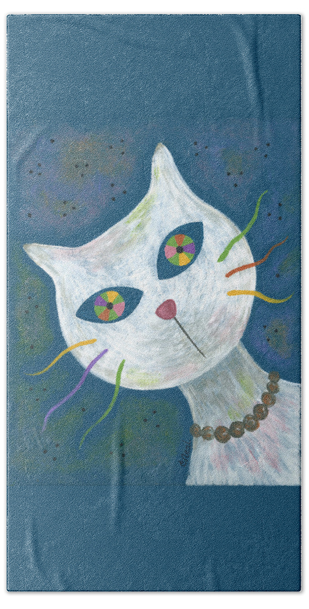 Cat With Kaleidoscope Eyes Hand Towel featuring the painting Cat With Kaleidoscope Eyes by Carol Neal