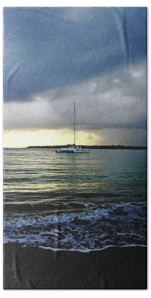 Dominican Republic Bath Towel featuring the photograph Catamaran At Sunrise by Debbie Oppermann