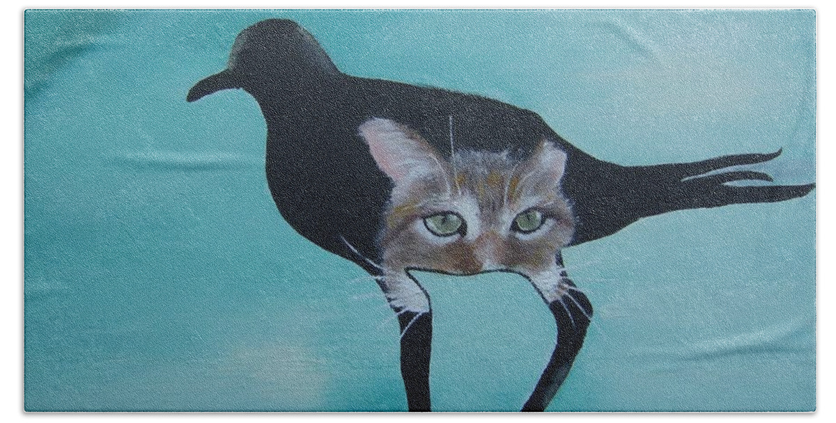 Cat Bath Towel featuring the painting Catbird by Debra Campbell