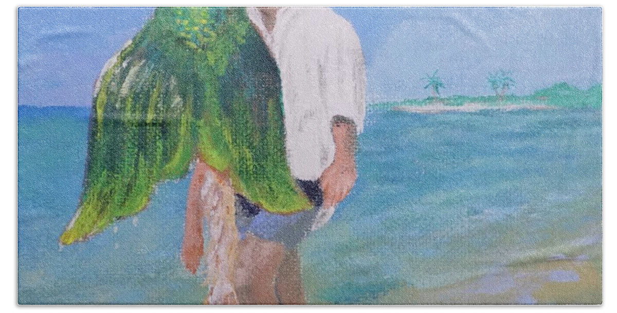 Mermaid Bath Towel featuring the painting Catch of a Lifetime by Mike Jenkins