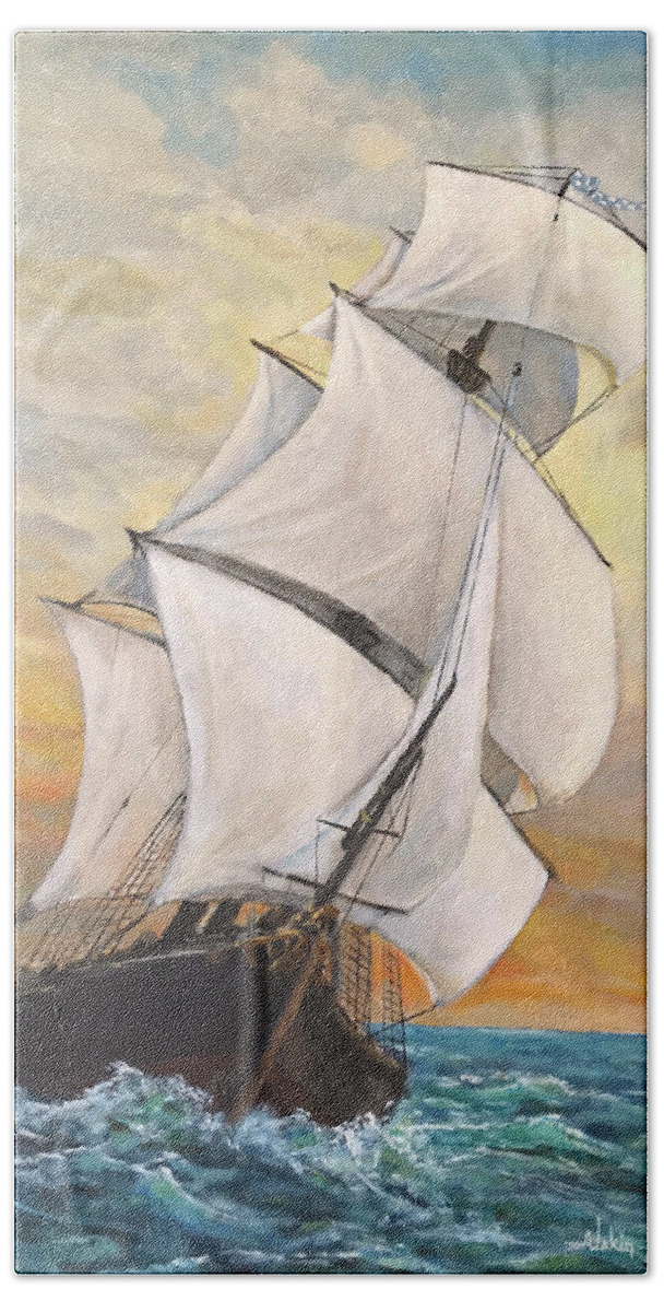 Tall Ship Hand Towel featuring the painting Catching the Wind by Alan Lakin