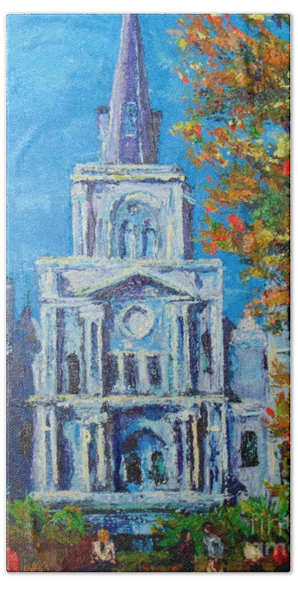 Cityscape Bath Towel featuring the painting Cathedral in Autumn by Beverly Boulet